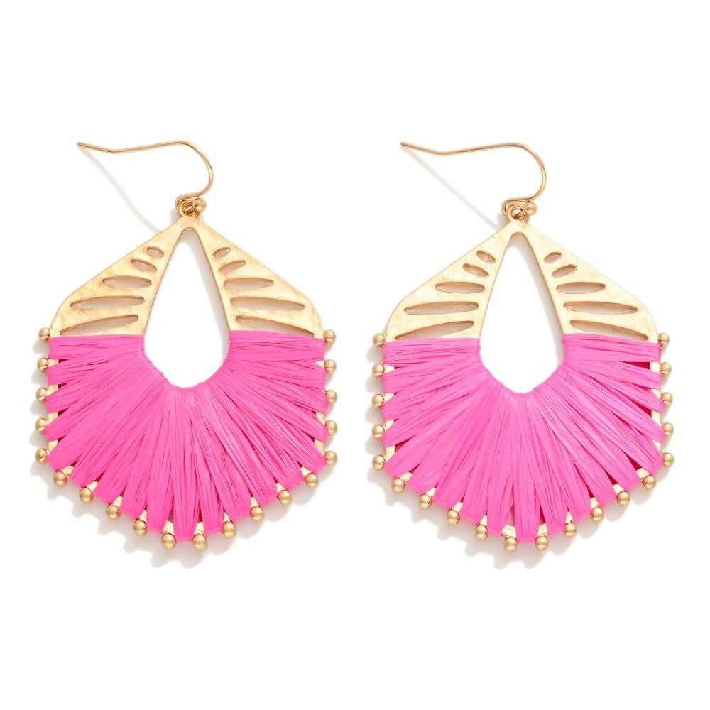 Raffia Wrapped Metal Tone Hexagon Drop Earrings