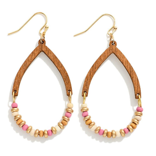 Wooden Teardrop Drop Earrings Featuring Wood Bead Details