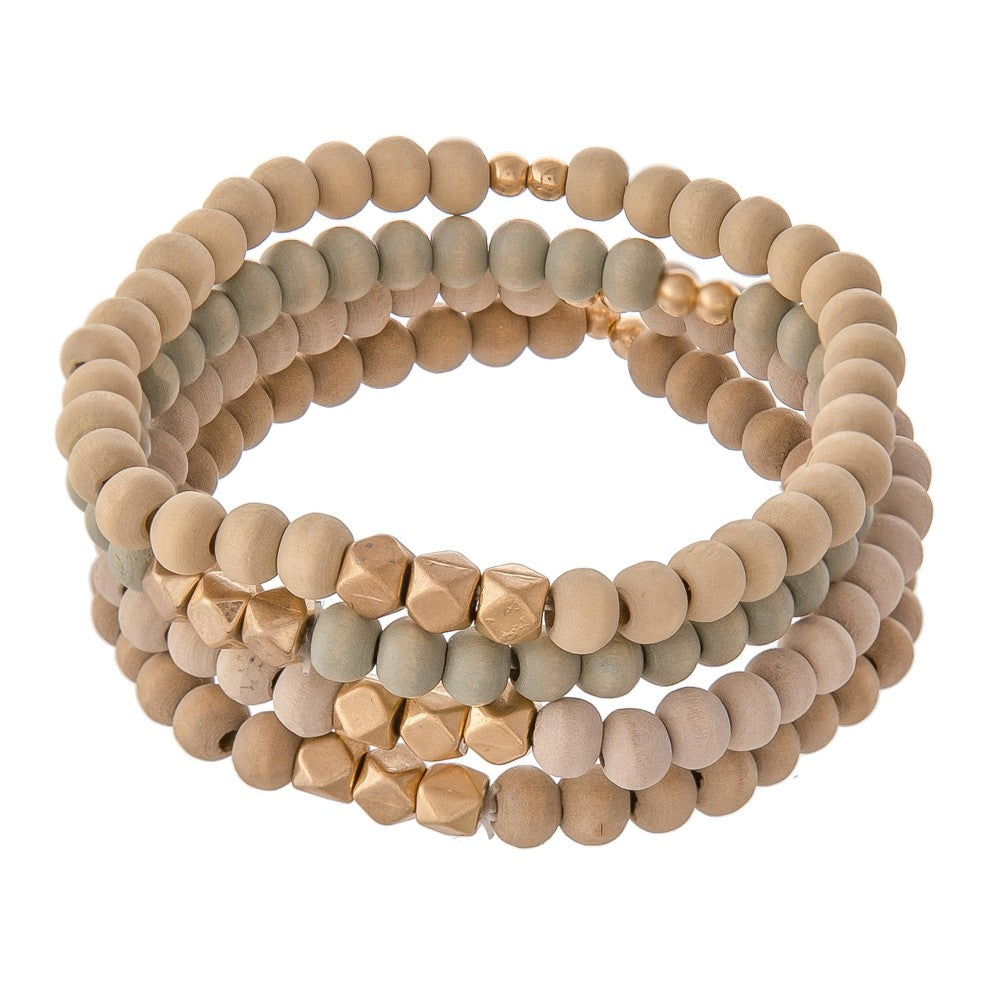 Set of Four Wood Beaded Stretch Bracelets