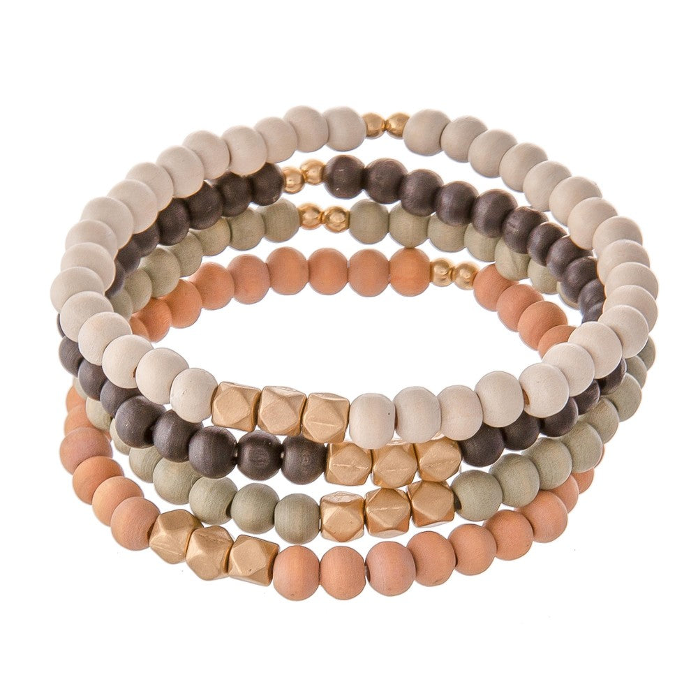 Set of Four Wood Beaded Stretch Bracelets