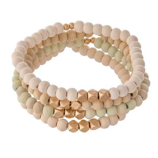 Set of Four Wood Beaded Stretch Bracelets