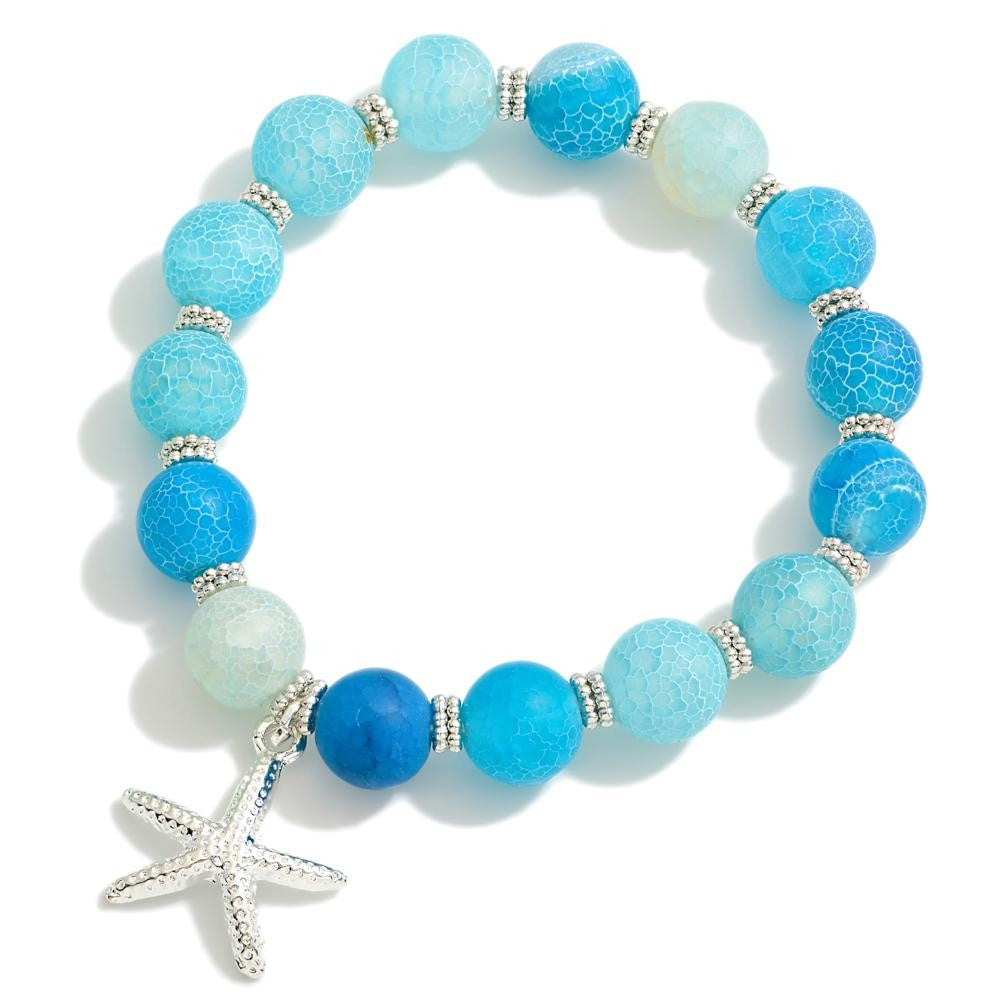 Beaded Stretch Bracelet with Crackled Detail Featuring Starfish Pendant