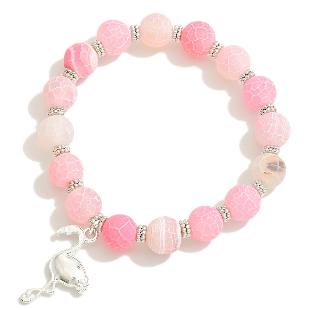 Beaded Stretch Bracelet with Crackled Detail Featuring Flamingo Pendant