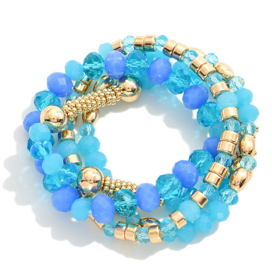 Set of Four Blue and Gold Beaded Stretch Bracelets